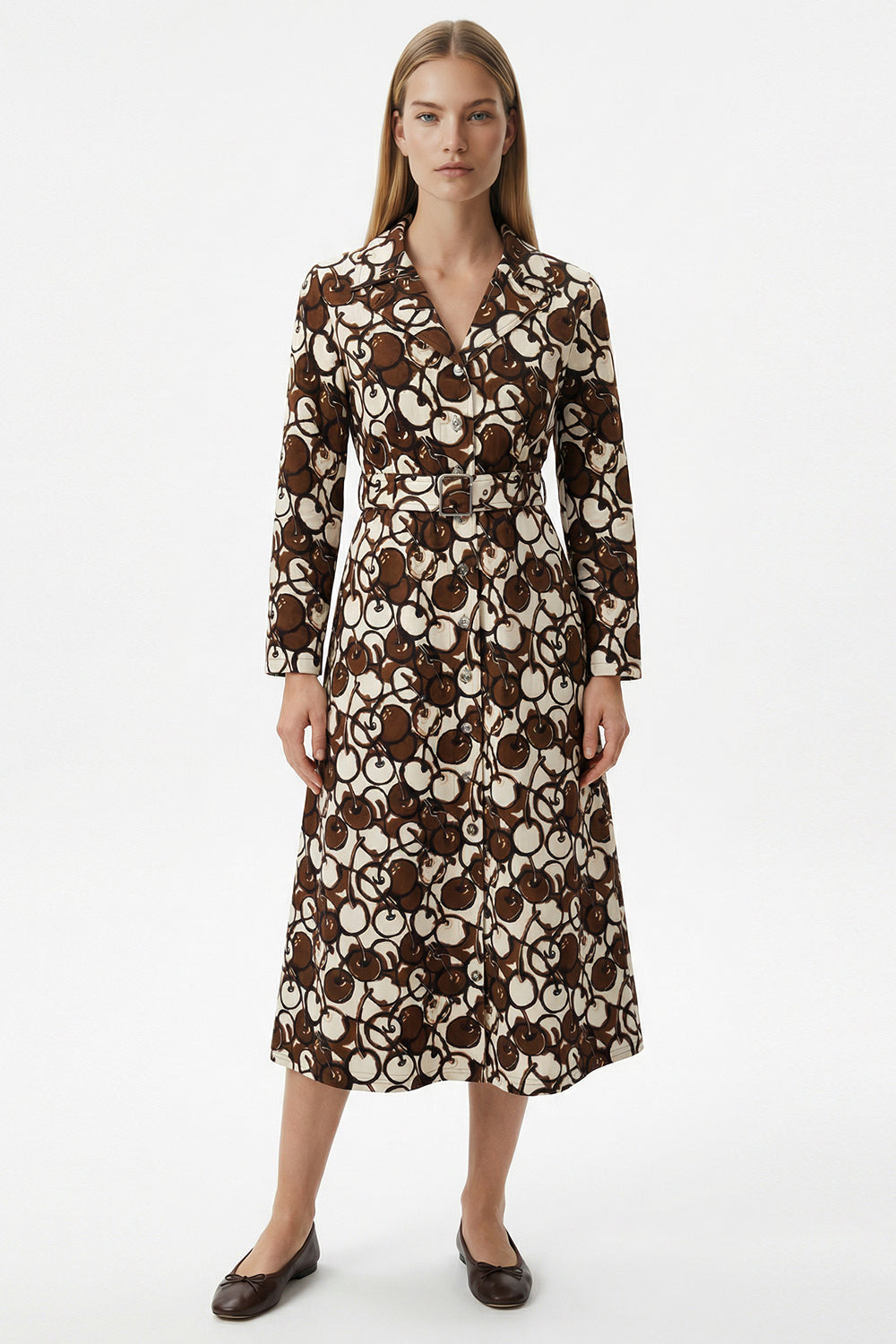 Uzun Kol Bele Oturan Önden Düğmeli Maksi Boy Kahverengi Elbise