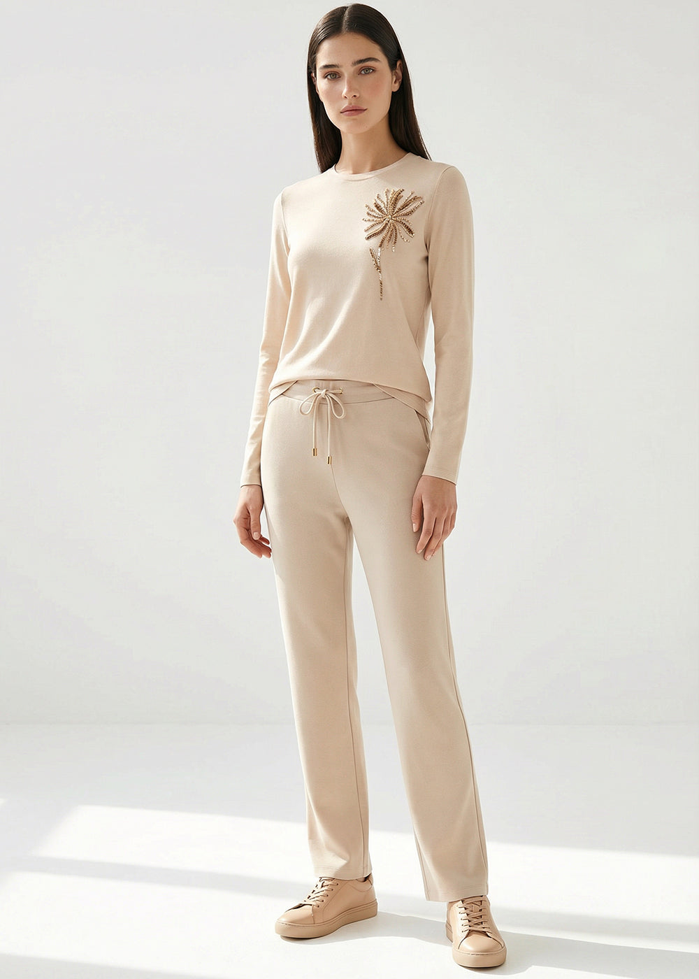 Bağcıklı Regular Örme Krem Pantolon