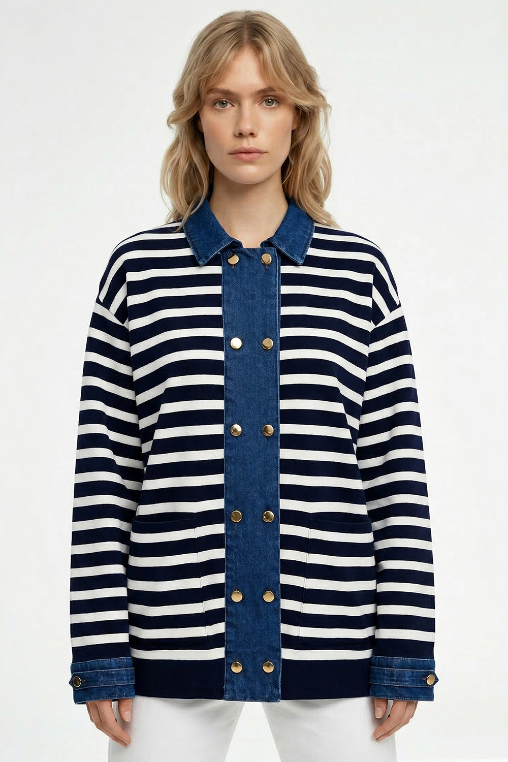 Uzun Kollu Düğmeli Oversize Triko Lacivert Beyaz Hırka