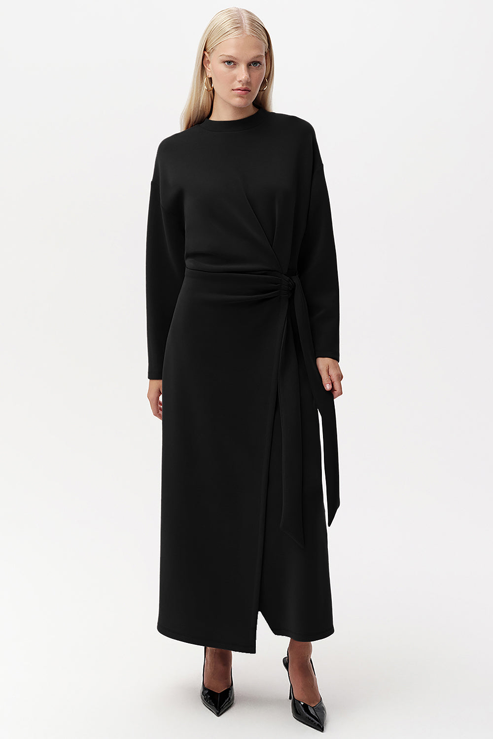 Bisiklet Yaka Bağlama Detaylı Regular Midi Elbise