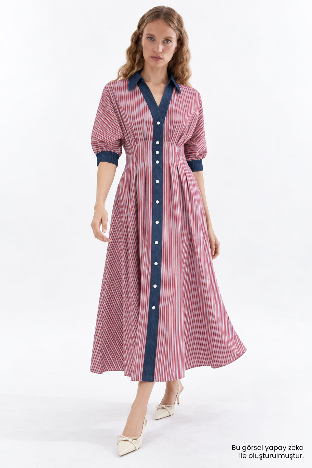 Denim Garni Reglan Kol Pileli Regular Midi Elbise