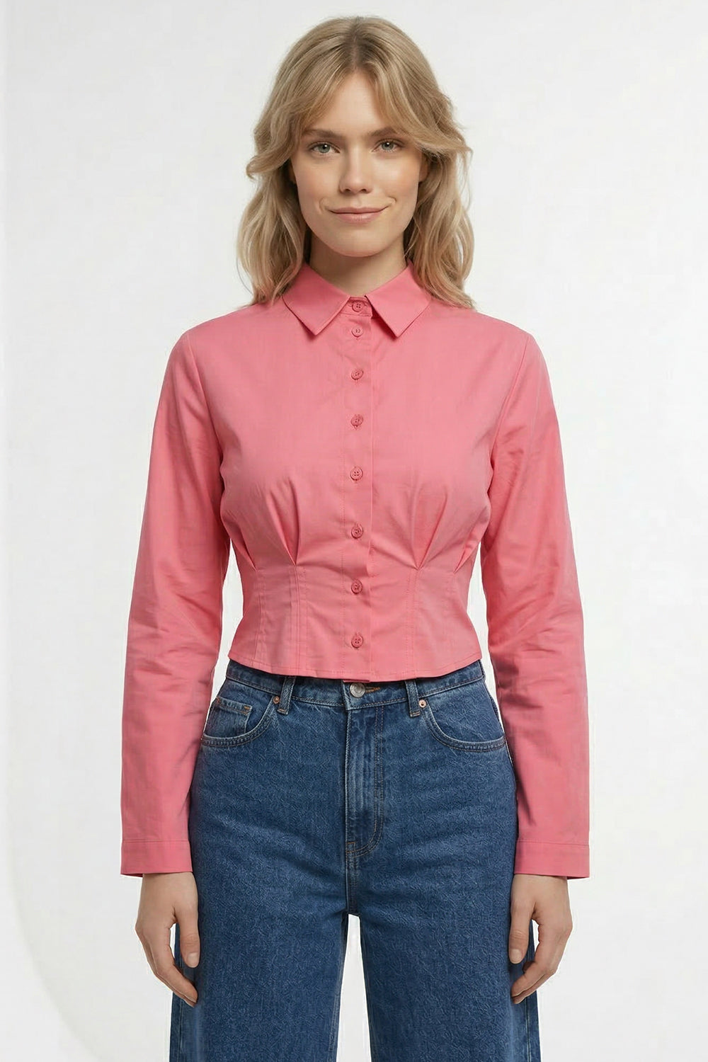 Gömlek Yaka Uzun Kollu Pile Detaylı Crop Regular Pembe Gömlek