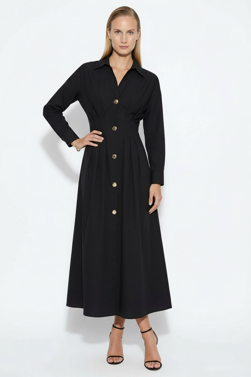 Bele Oturan Düğme Detaylı Pamuk Midi Gömlek Elbise