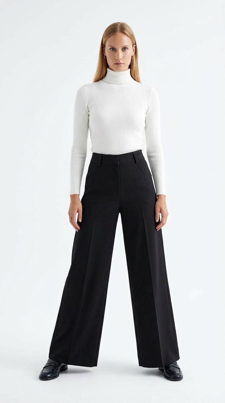 Geniş Paça Yüksek Bel Cepli Dokuma Pantolon