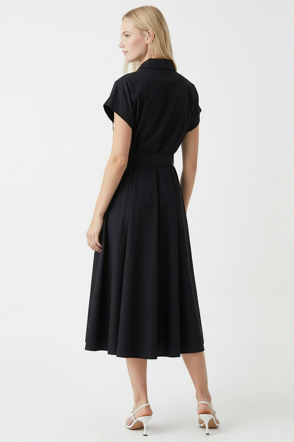 İşleme Detaylı Kloş Midi Gömlek Siyah Elbise