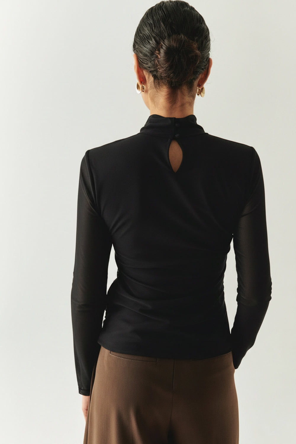 Boğazlı Drapeli Uzun Kollu Slim Fit Siyah Tül Bluz