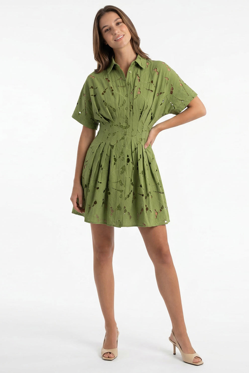 Kısa Kollu Delikli Gömlek Yaka Slim Fit Mini Yeşil Elbise