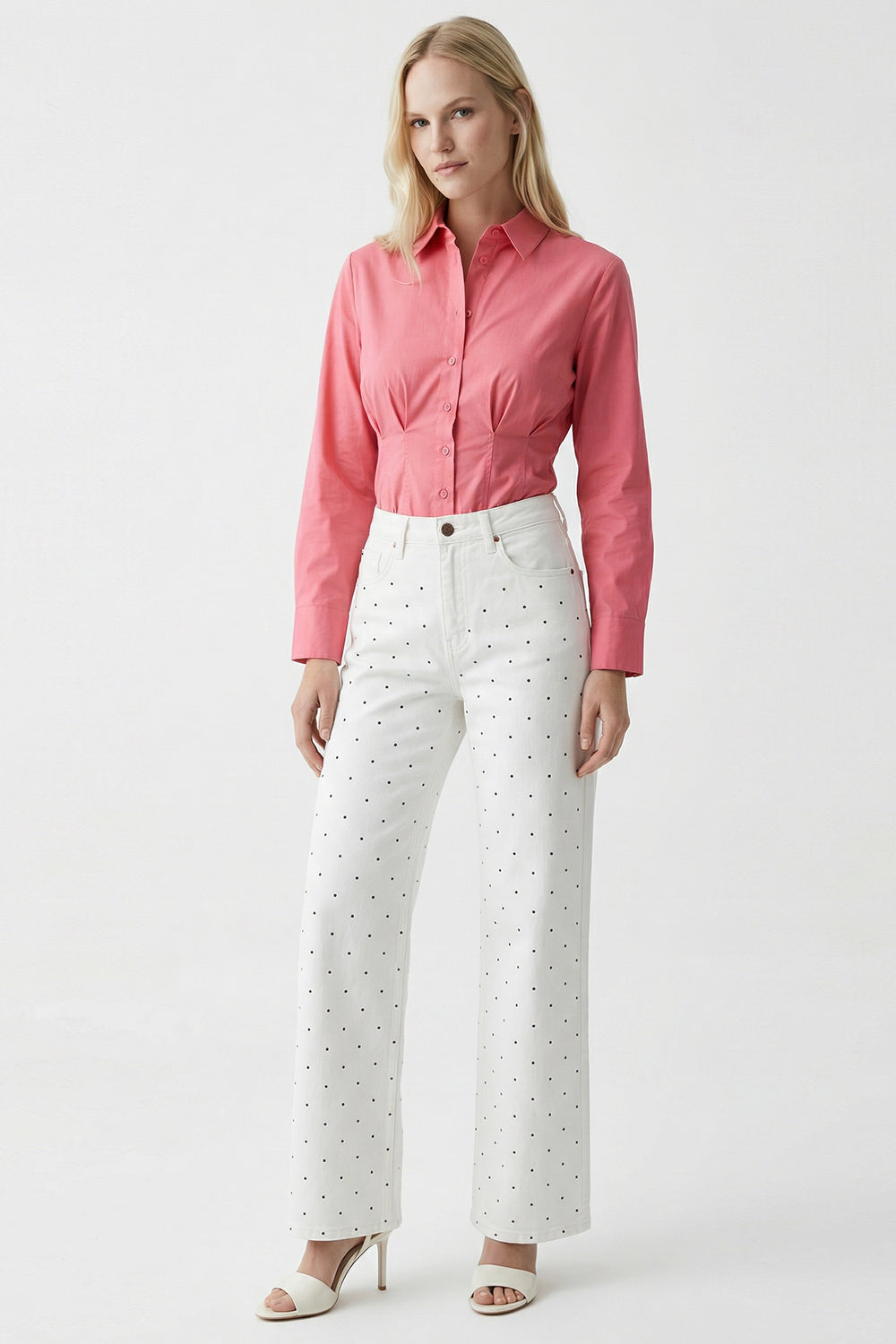 Taşlı Geniş Paça Yüksel Bel Regular Denim Beyaz Pantolon