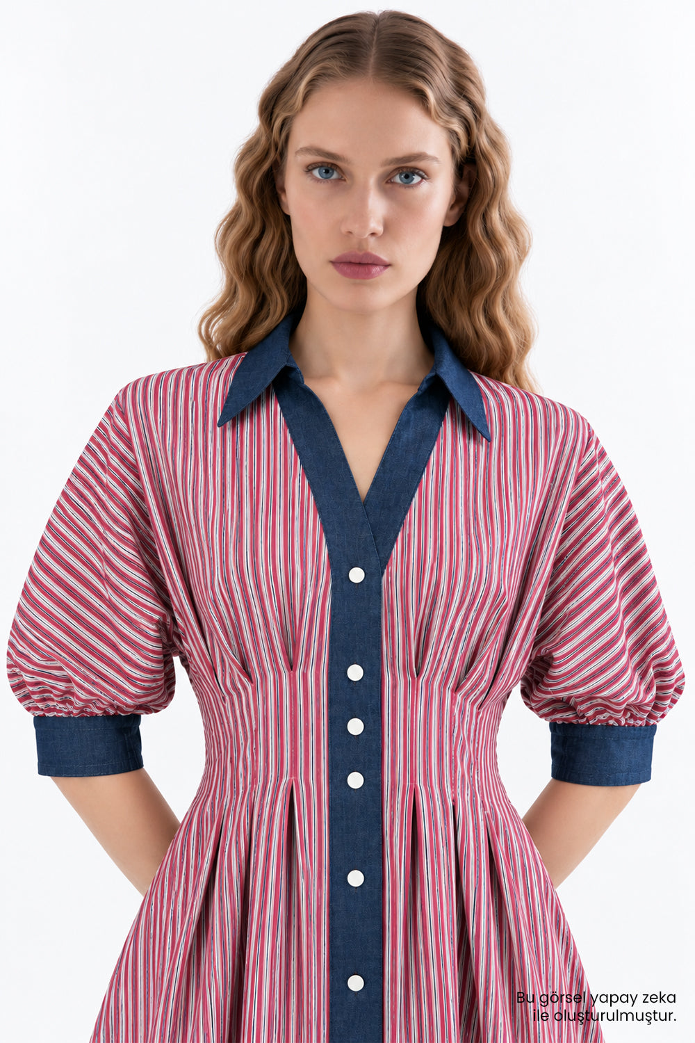 Denim Garni Reglan Kol Pileli Regular Midi Elbise
