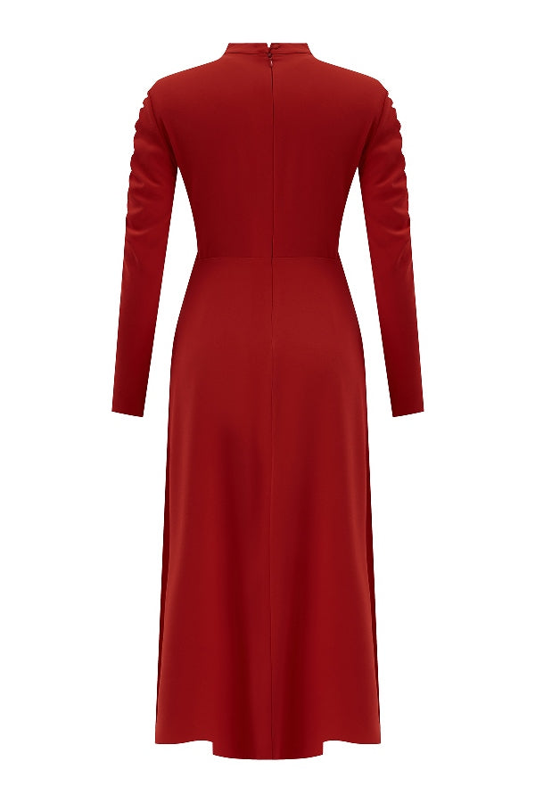 Kırmızı Kolu Büzgü Detaylı Elbise