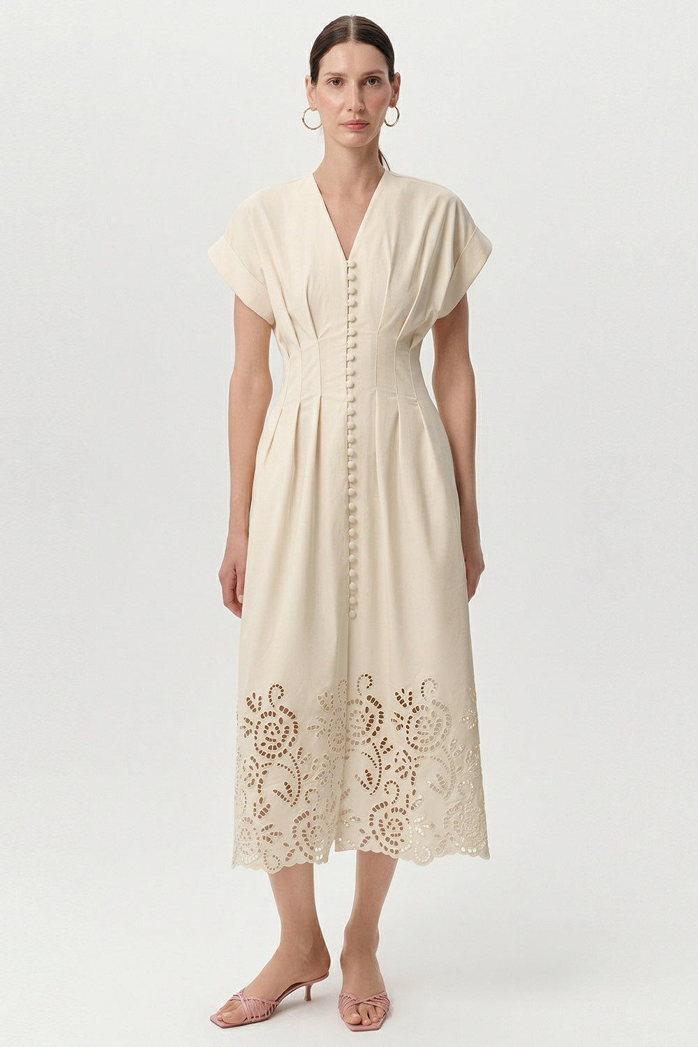 V Yaka Kısa Kollu Düğmeli Regular Midi Kemik Elbise