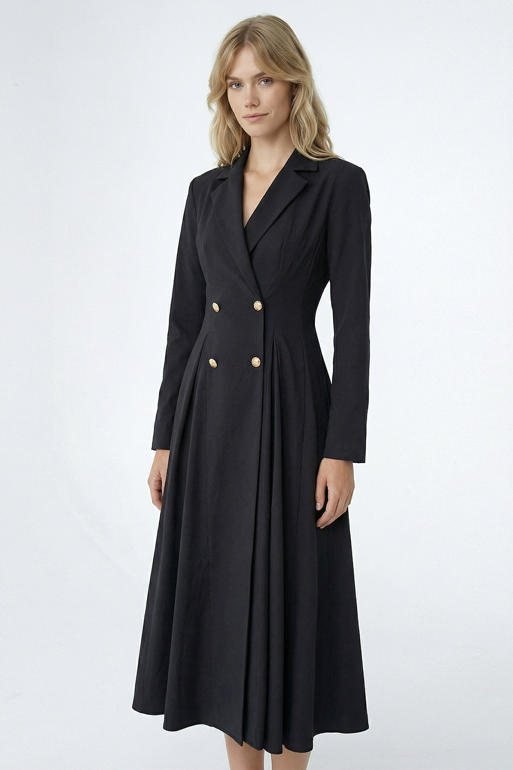 Gold Düğme Detaylı Kruvaze Dokuma Midi Blazer Elbise