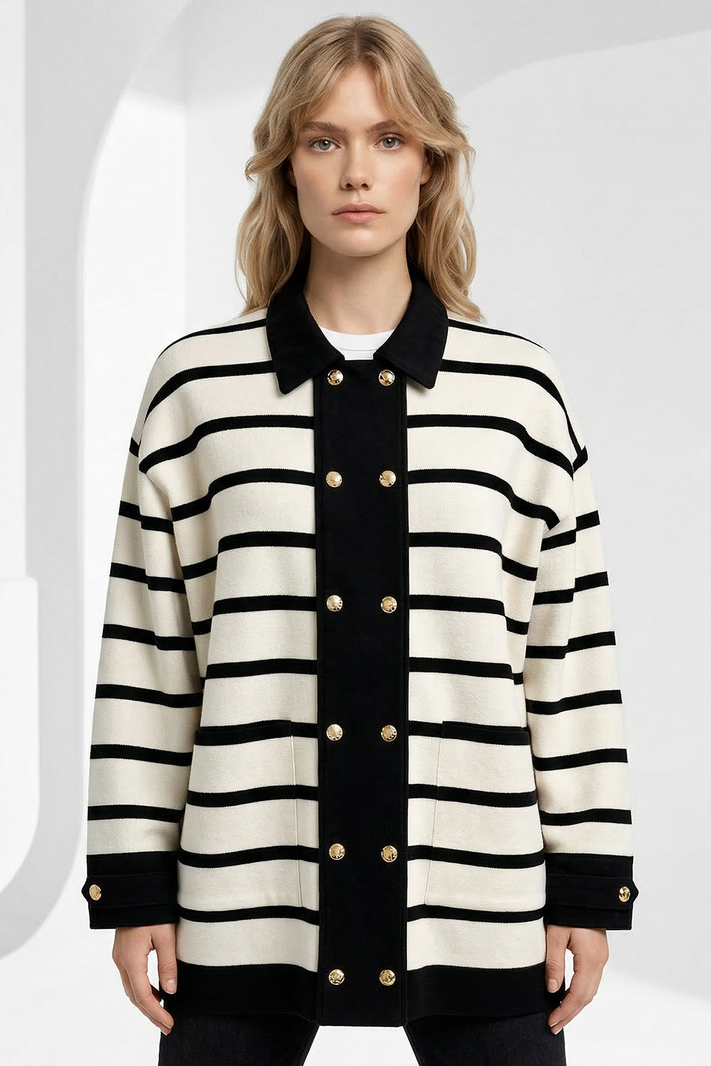 Uzun Kollu Düğmeli Oversize Triko Siyah Krem Hırka