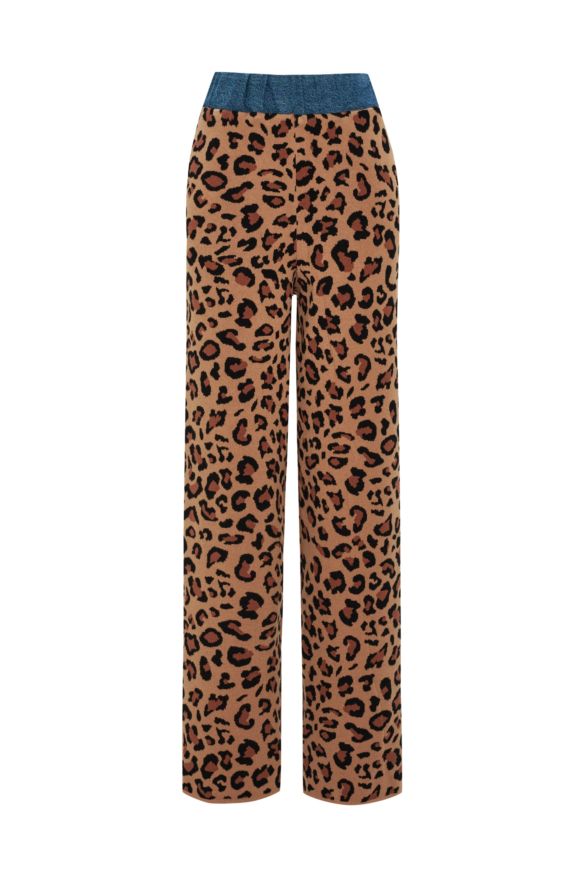 Yüksek Bel Leopar Desenli Beli Lastikli Denim Garnili Regular Triko Pantolon