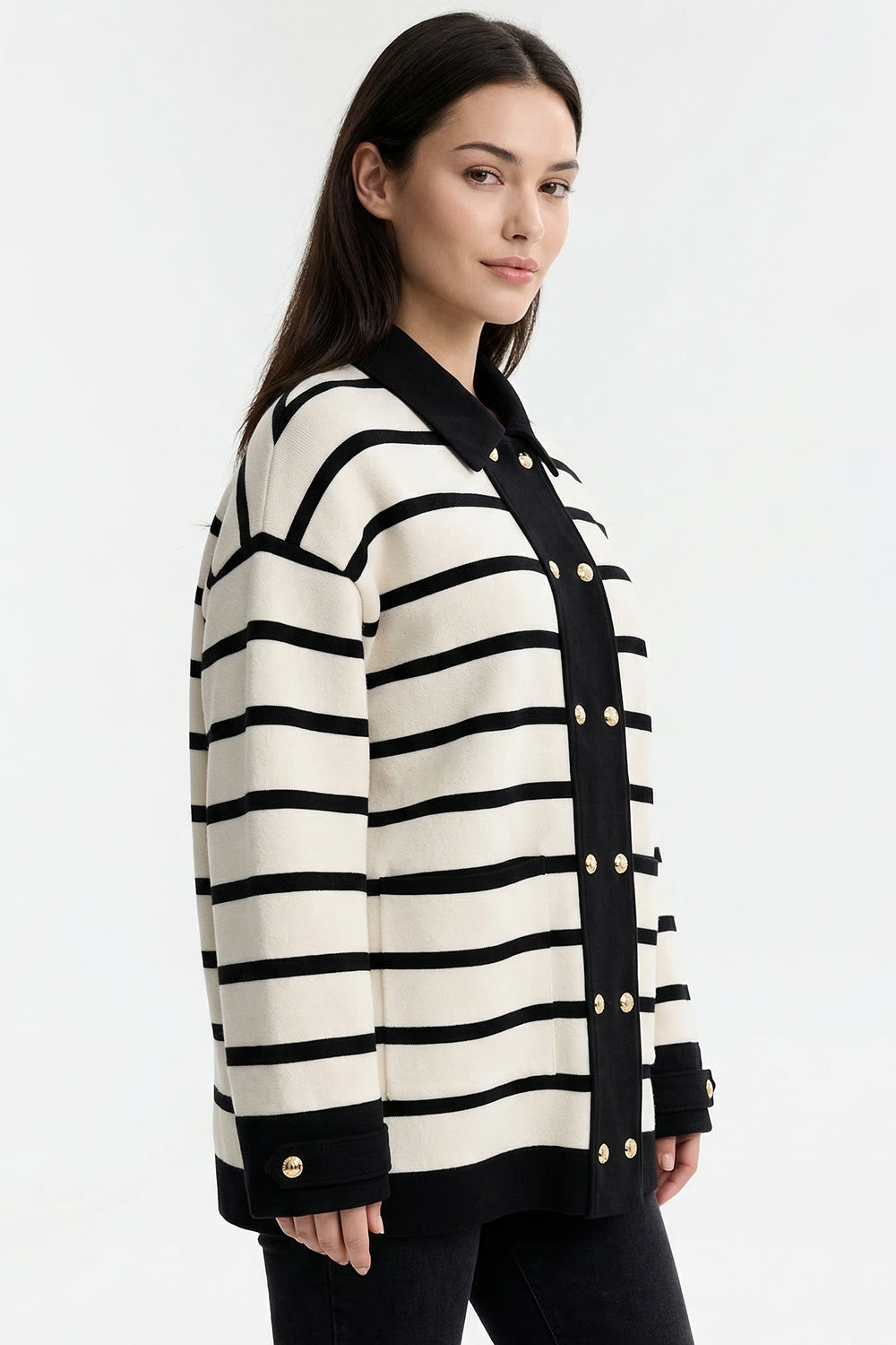 Uzun Kollu Düğmeli Oversize Triko Siyah Krem Hırka