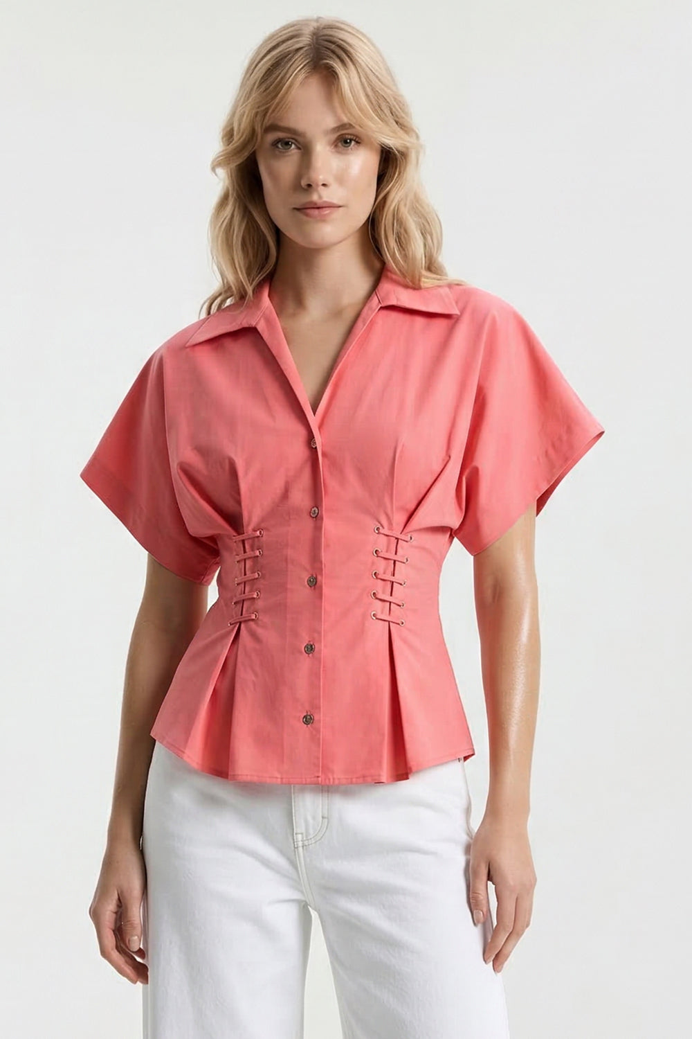 Gömlek Yaka Bağcık Detaylı Bele Oturan Regular Pembe Gömlek