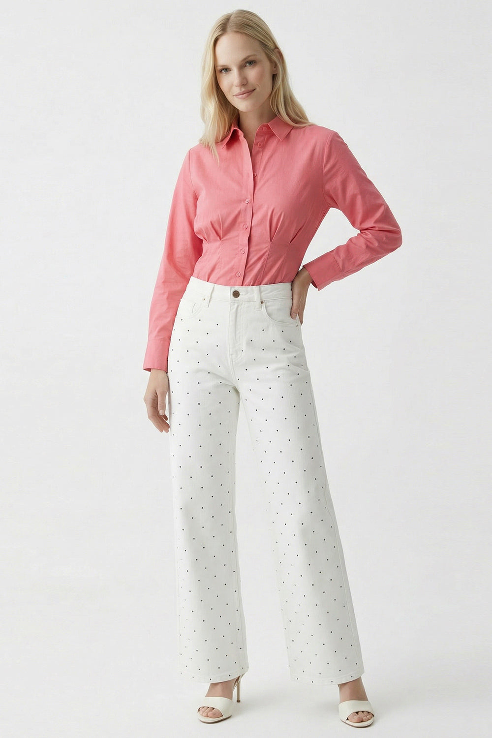 Taşlı Geniş Paça Yüksel Bel Regular Denim Beyaz Pantolon