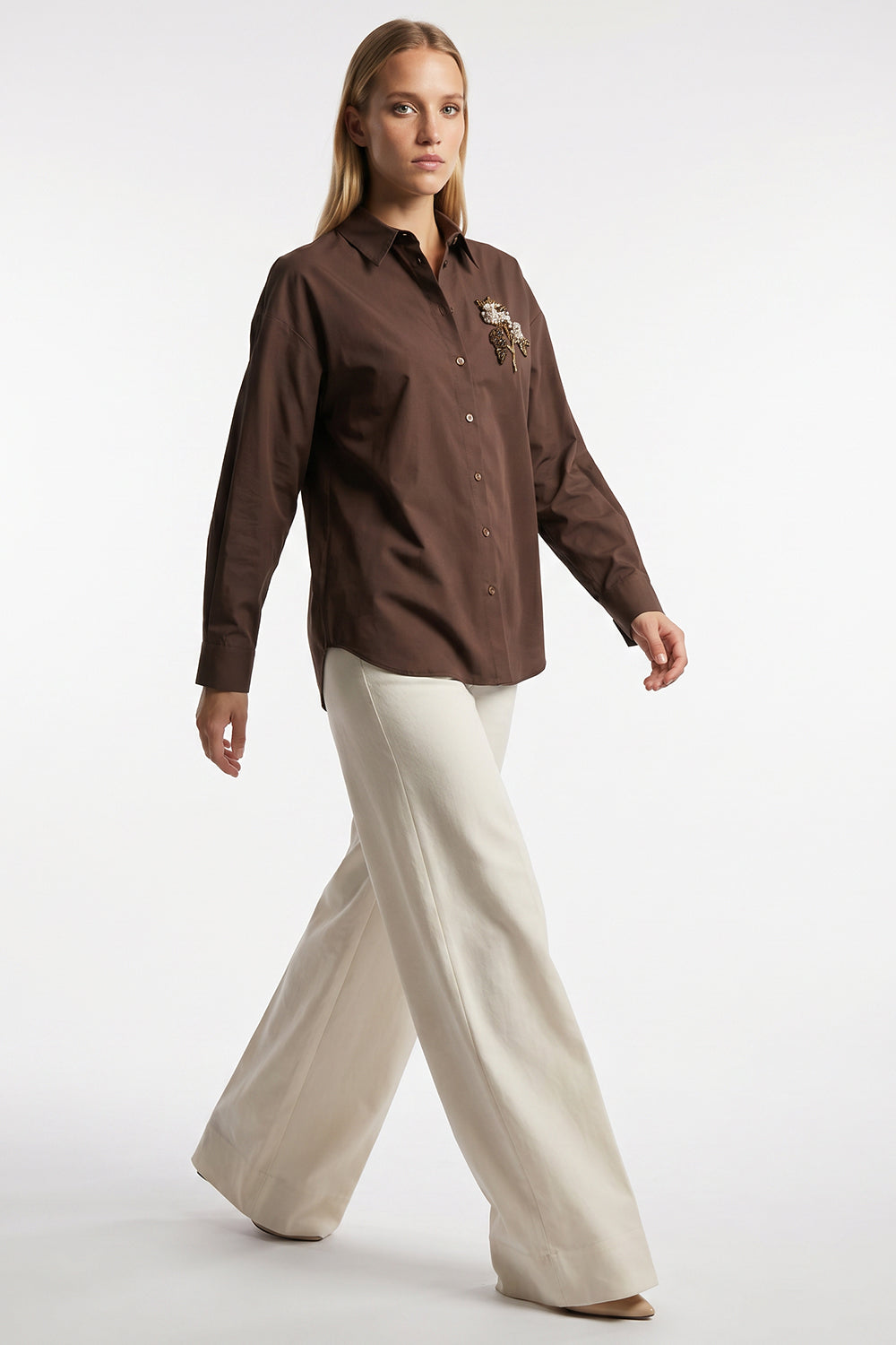 Gömlek Yaka Manşetli Uzun Kollu İşlemeli Regular Gömlek