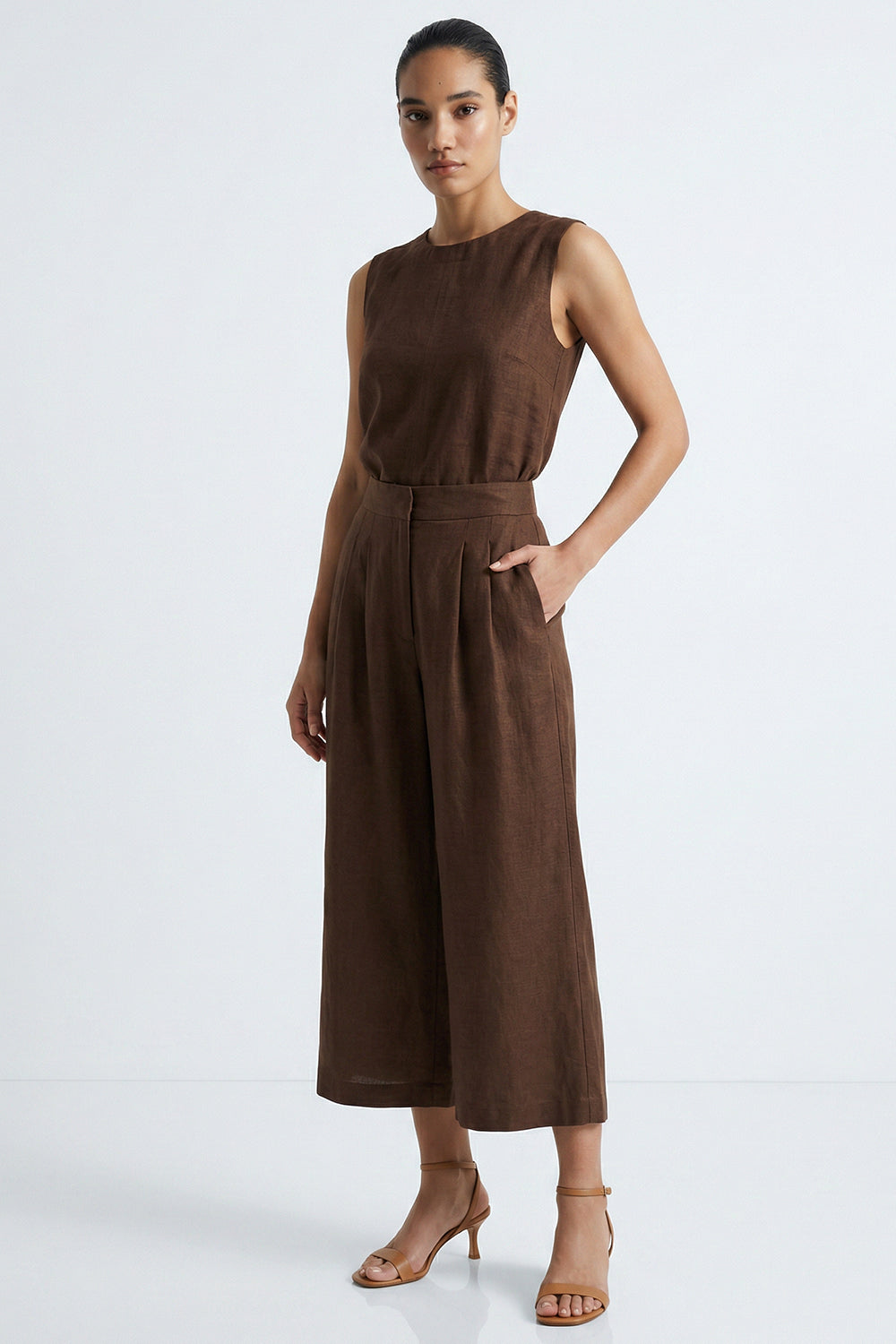Cepli Fermuarlı Culotte Regular Keten Kahve Pantolon
