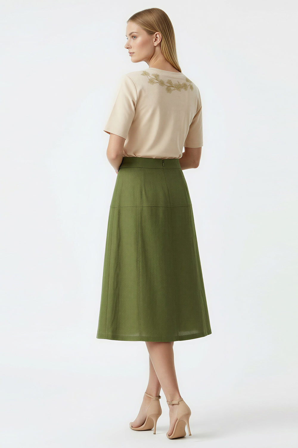 Yırtmaçlı Tokalı Fermuarlı Regular Midi Keten Haki Etek