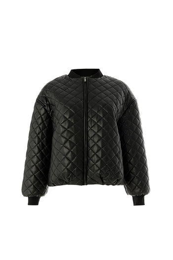 Kapitone Suni Deri Astarlı Fermuarlı Bomber Siyah Ceket