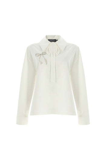 Uzun Kollu Fiyonk İşlemeli Gömlek Yaka Oversize Kemik Bluz