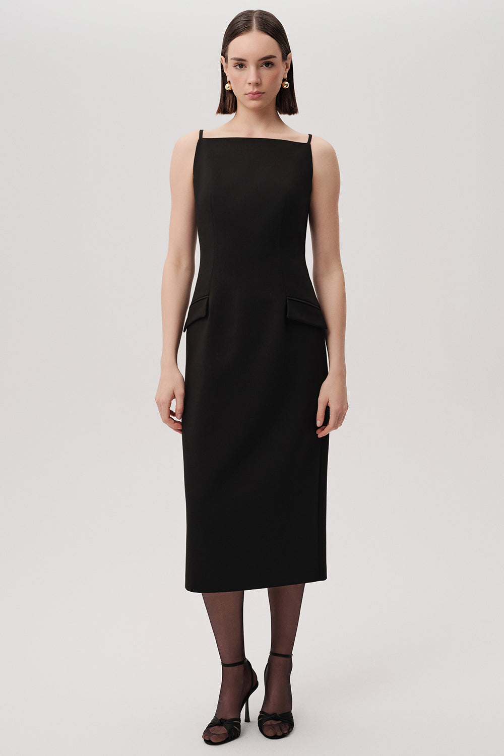Kayık Yaka Kolsuz Regular Dokuma Siyah Midi Elbise