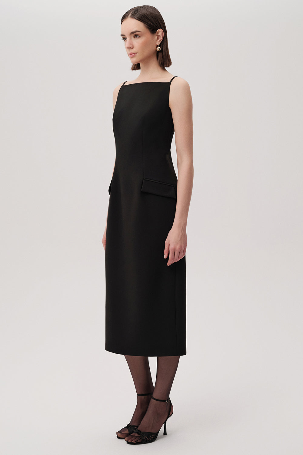 Kayık Yaka Kolsuz Regular Dokuma Siyah Midi Elbise