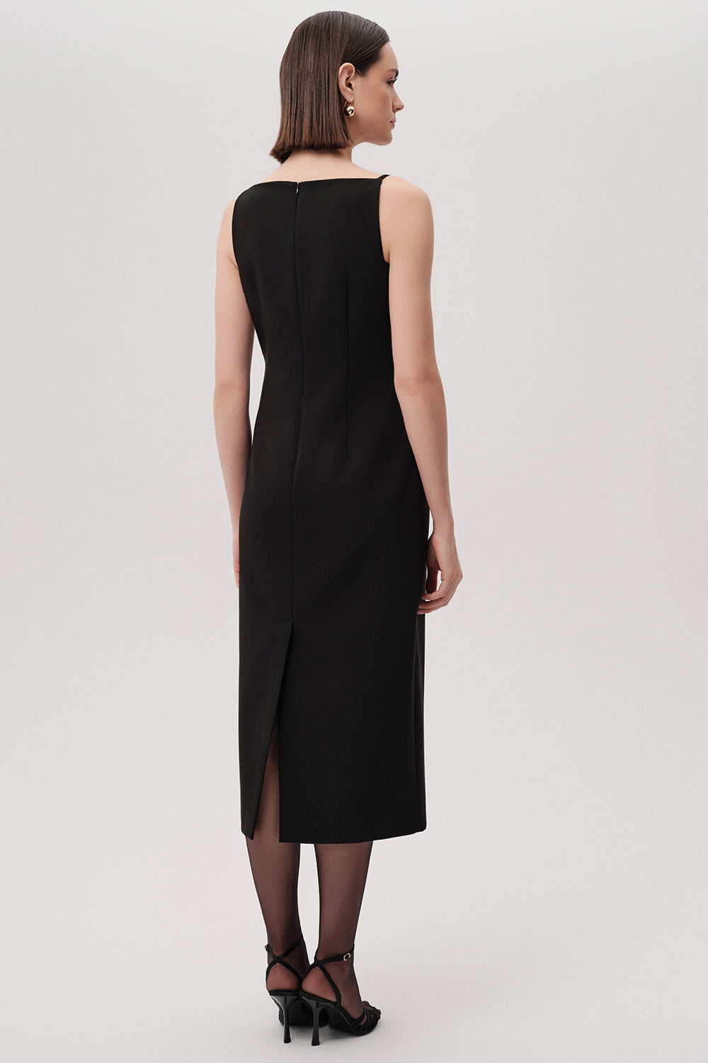 Kayık Yaka Kolsuz Regular Dokuma Siyah Midi Elbise