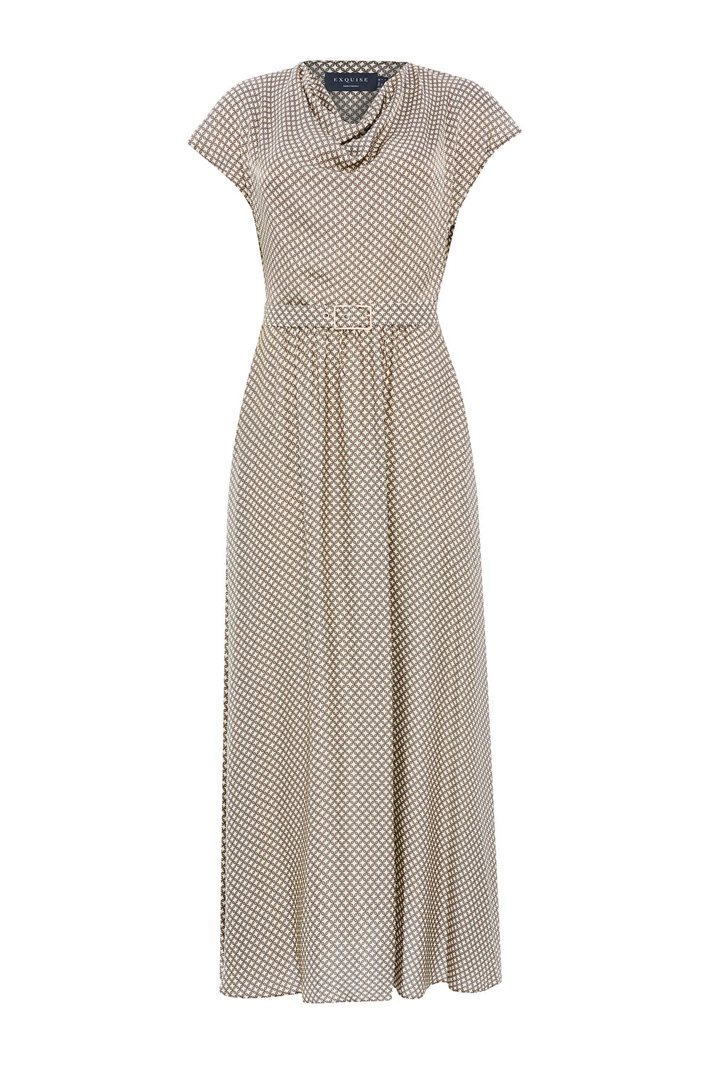 Desenli Degaje Yaka Kemerli Kolsuz Slim Fit Midi Elbise