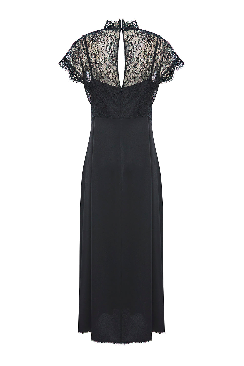 Dantel Detaylı Kısa Kollu Regular Saten Midi Siyah Elbise