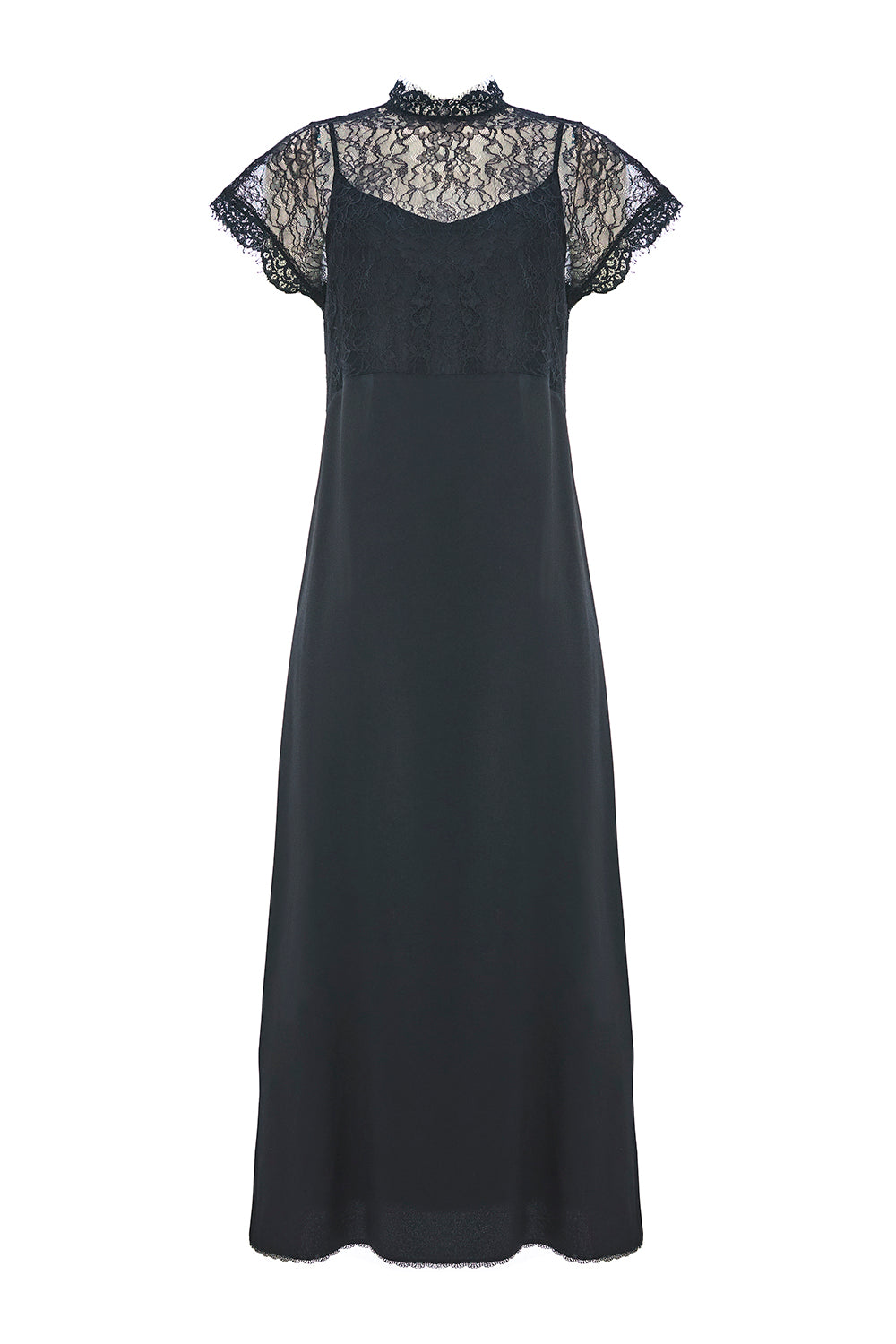 Dantel Detaylı Kısa Kollu Regular Saten Midi Siyah Elbise