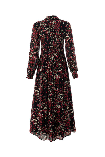 Desenli Uzun Kollu Damla Yaka Slim Fit Astarlı Midi Elbise