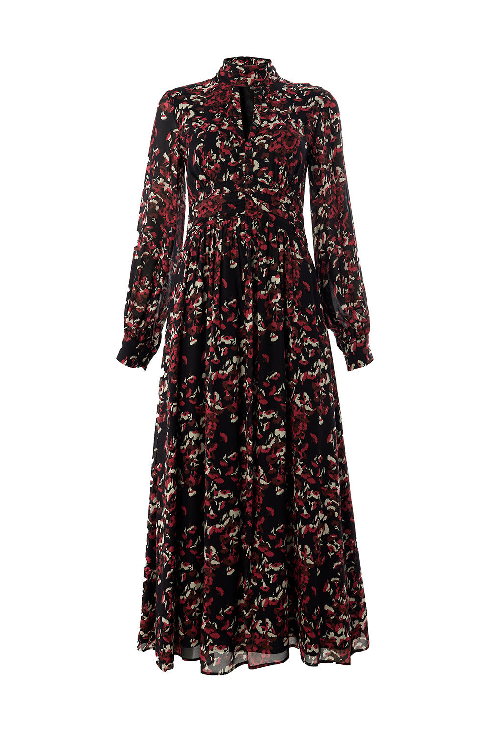 Desenli Uzun Kollu Damla Yaka Slim Fit Astarlı Midi Elbise