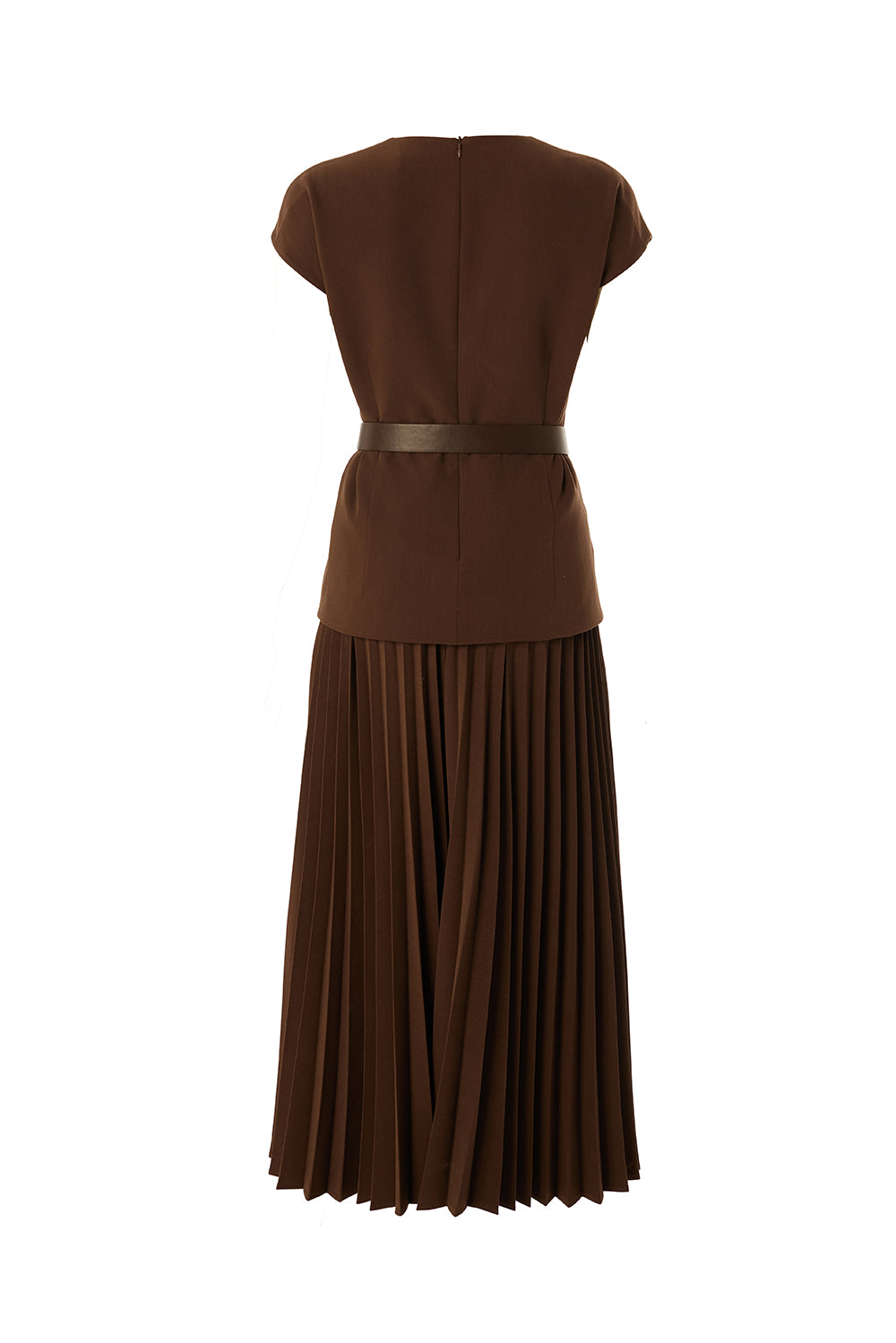 Bisiklet Yaka Kemerli Plisoley Slim Fit Midi Kahve Elbise
