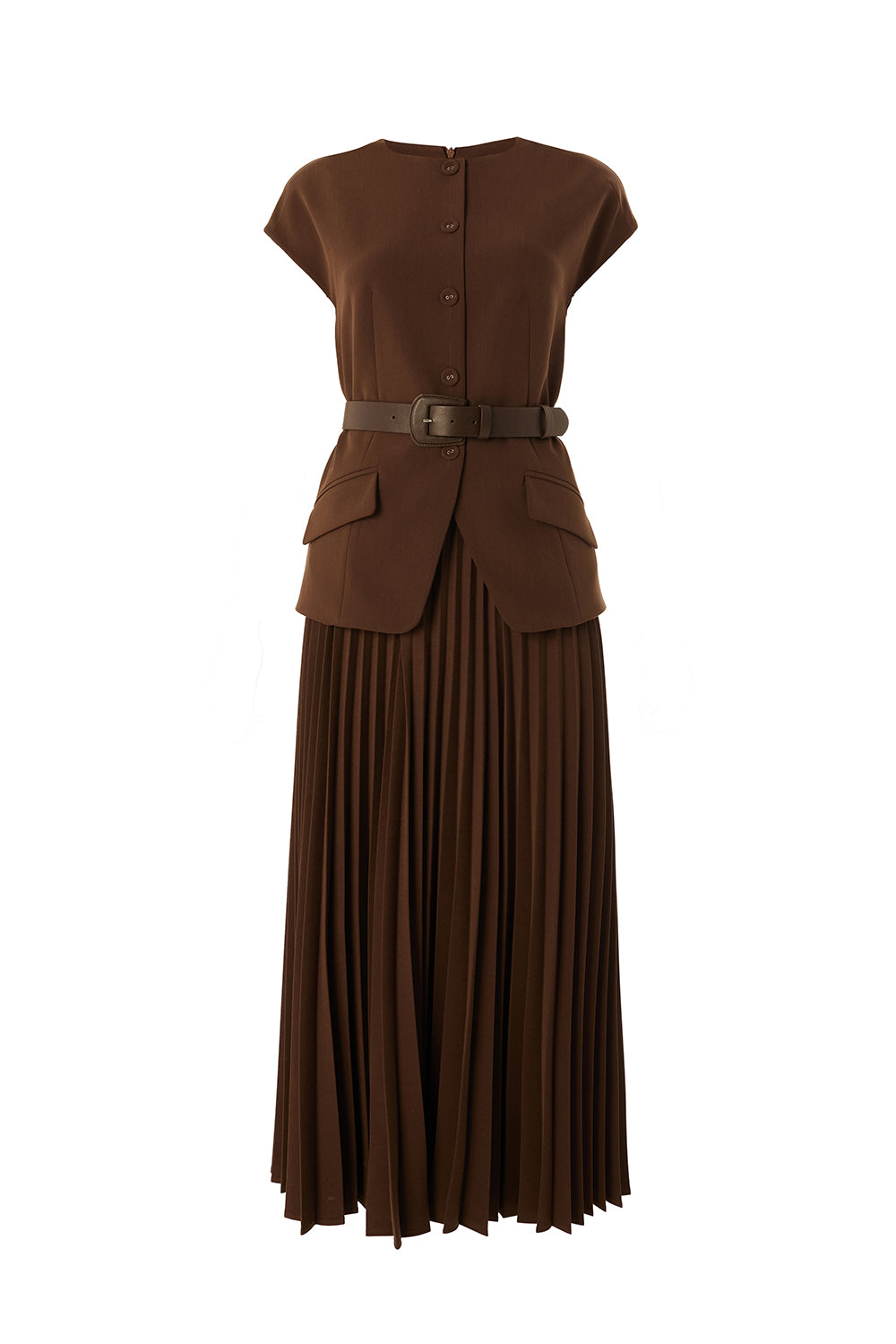 Bisiklet Yaka Kemerli Plisoley Slim Fit Midi Kahve Elbise