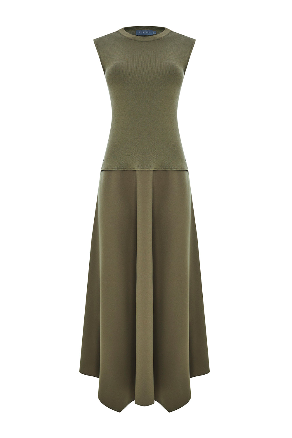 Bisiklet Yaka Triko Garnili Asimetrik Kesim Slim Fit Midi Haki Elbise