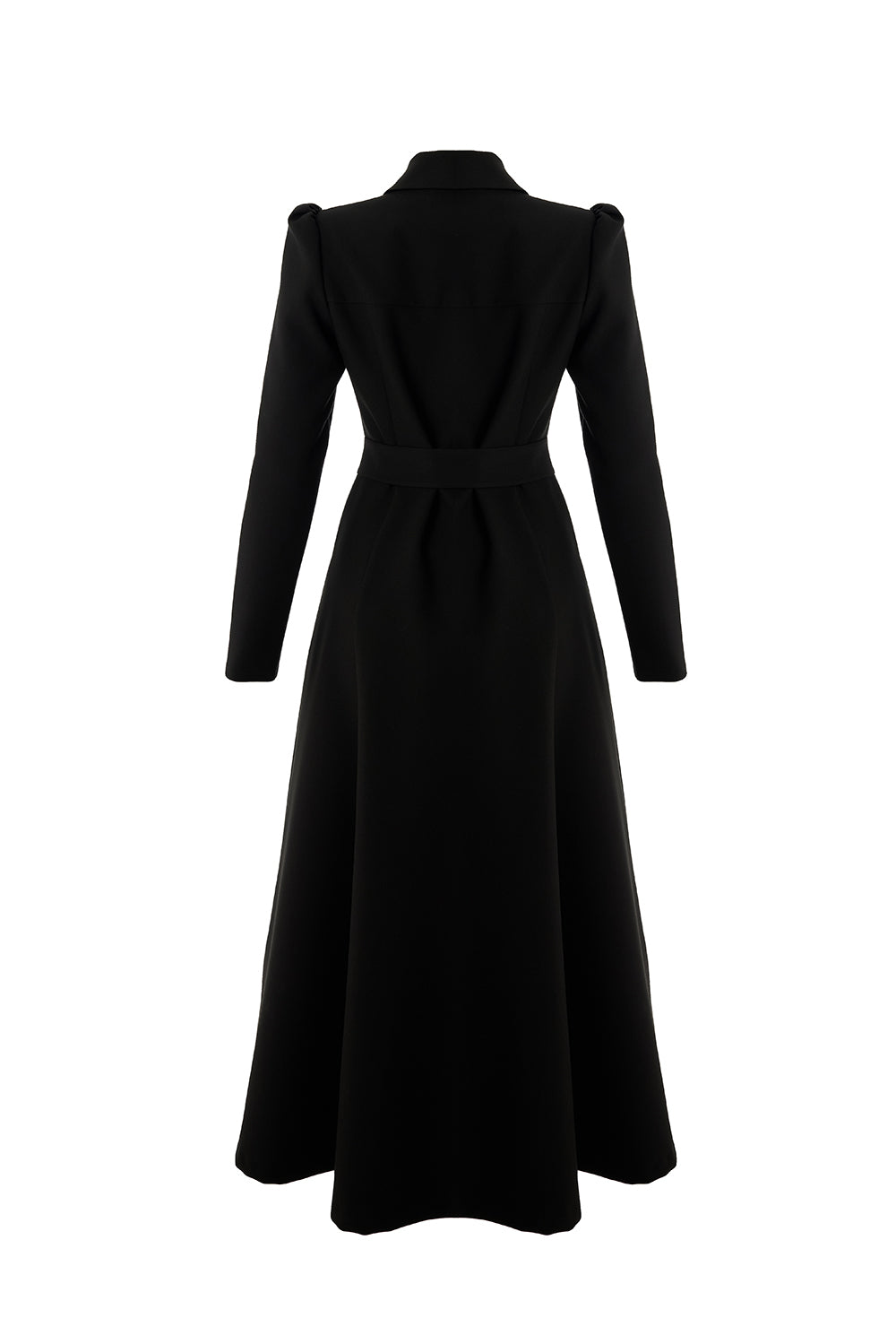 Önden Fermuarlı Kemerli Uzun Kol Slim Fit Siyah Midi Elbise