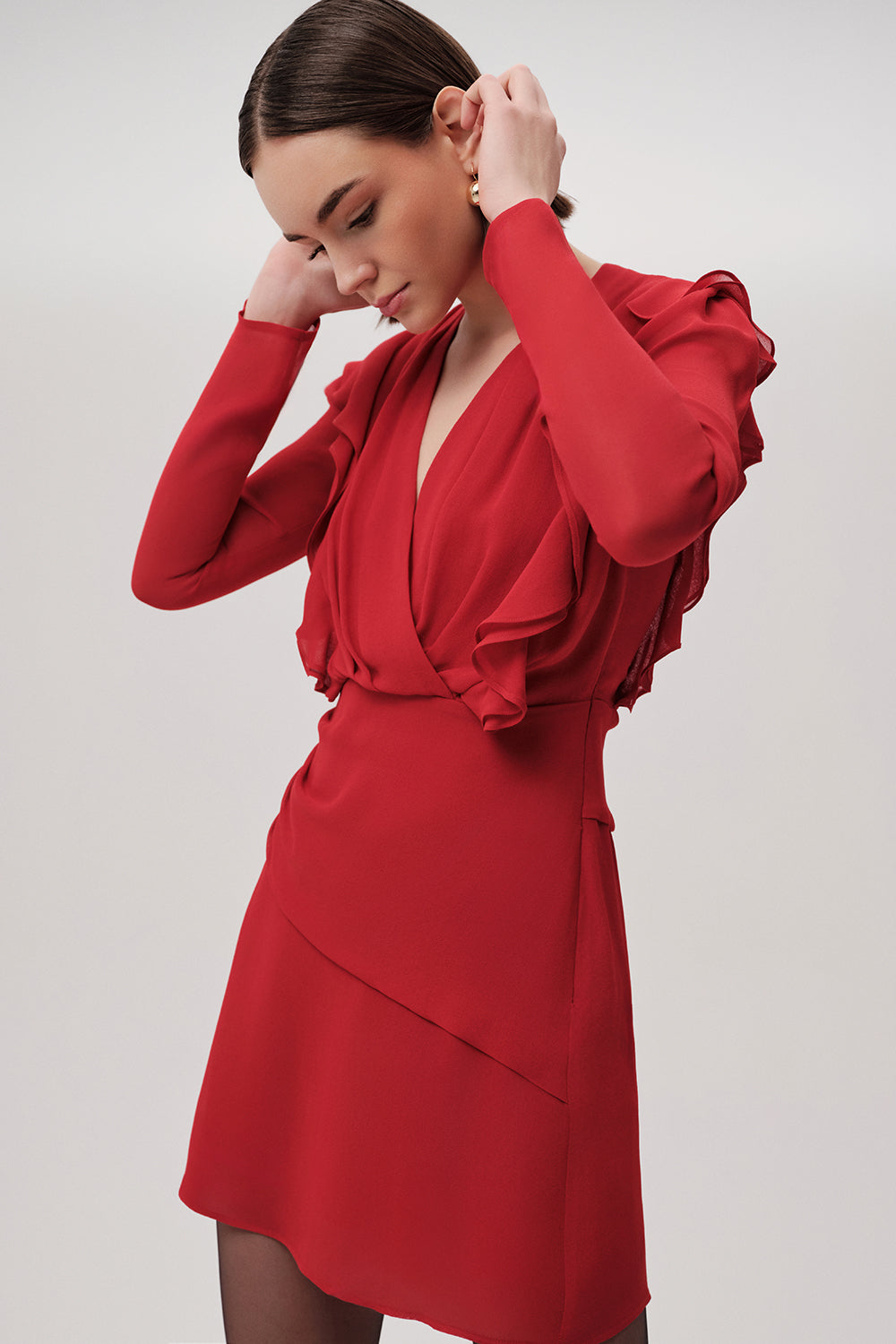 Kruvaze Yaka Uzun Kollu Slim Fit Mini Kırmızı Elbise
