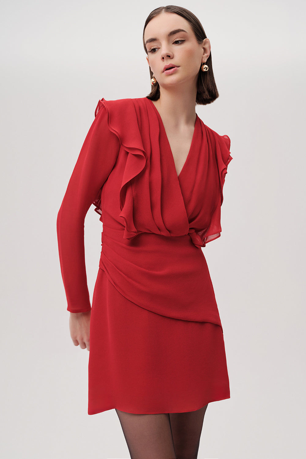Kruvaze Yaka Uzun Kollu Slim Fit Mini Kırmızı Elbise