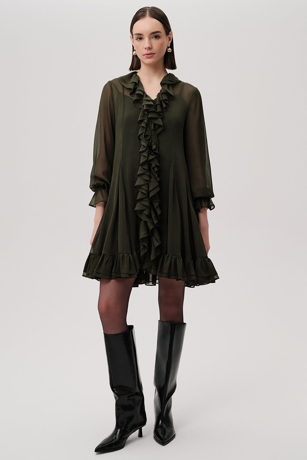 Fırfırlı V Yaka Uzun Kollu Regular Astarlı Mini Şifon Yeşil Elbise
