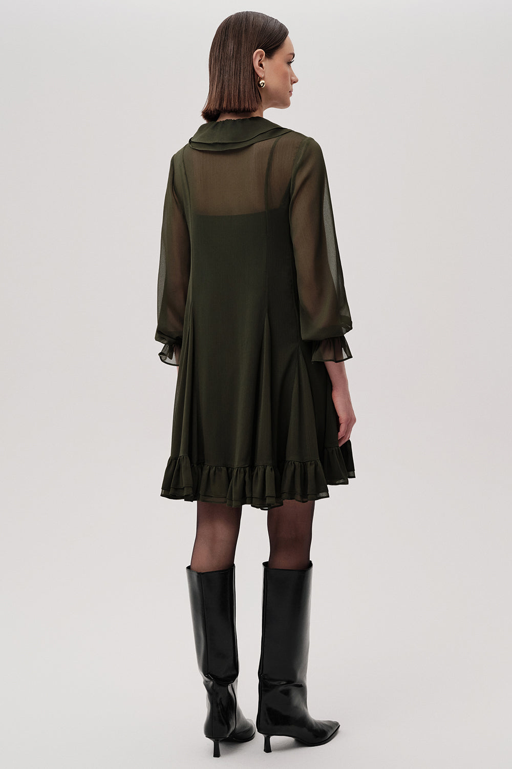 Fırfırlı V Yaka Uzun Kollu Regular Astarlı Mini Şifon Yeşil Elbise