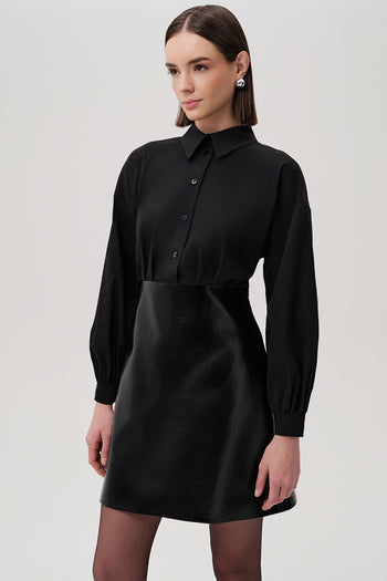 Gömlek Yaka Eteği Deri Slim Fit Mini Siyah Elbise