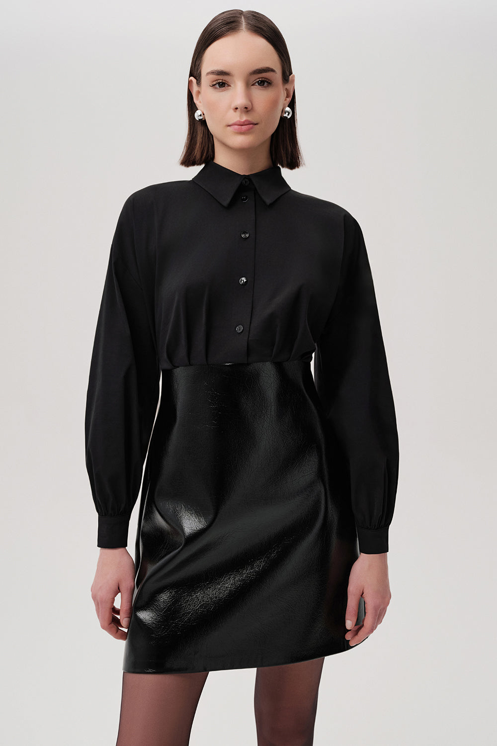 Gömlek Yaka Eteği Deri Slim Fit Mini Siyah Elbise