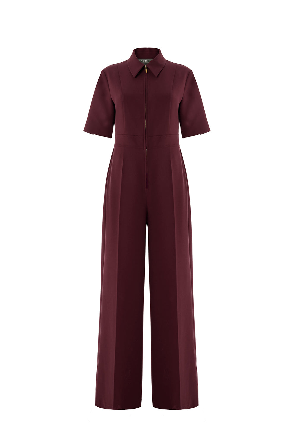 Kısa Kollu Fermuarlı Slim Fit Gömlek Yaka Vişne Tulum