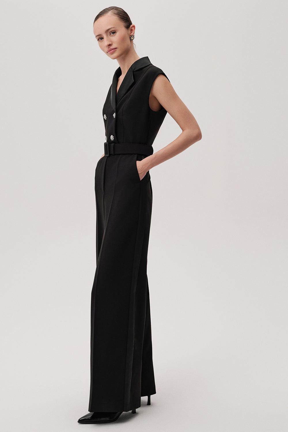 Kolsuz Kemerli Slim Fit Geniş Paça Siyah Tulum