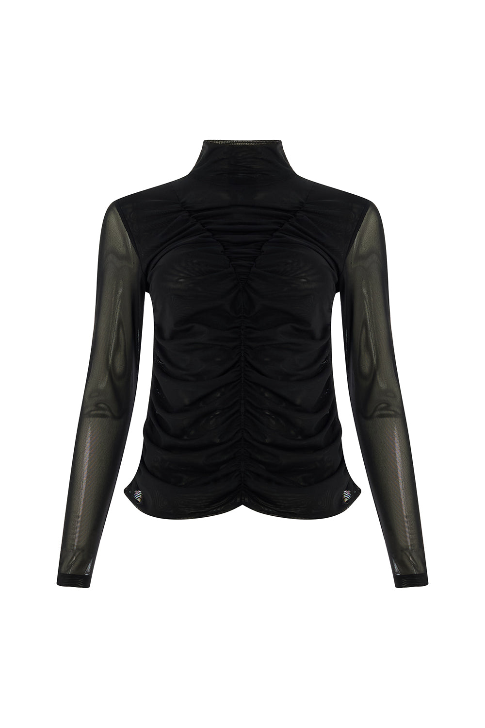 Boğazlı Drapeli Uzun Kollu Slim Fit Siyah Tül Bluz