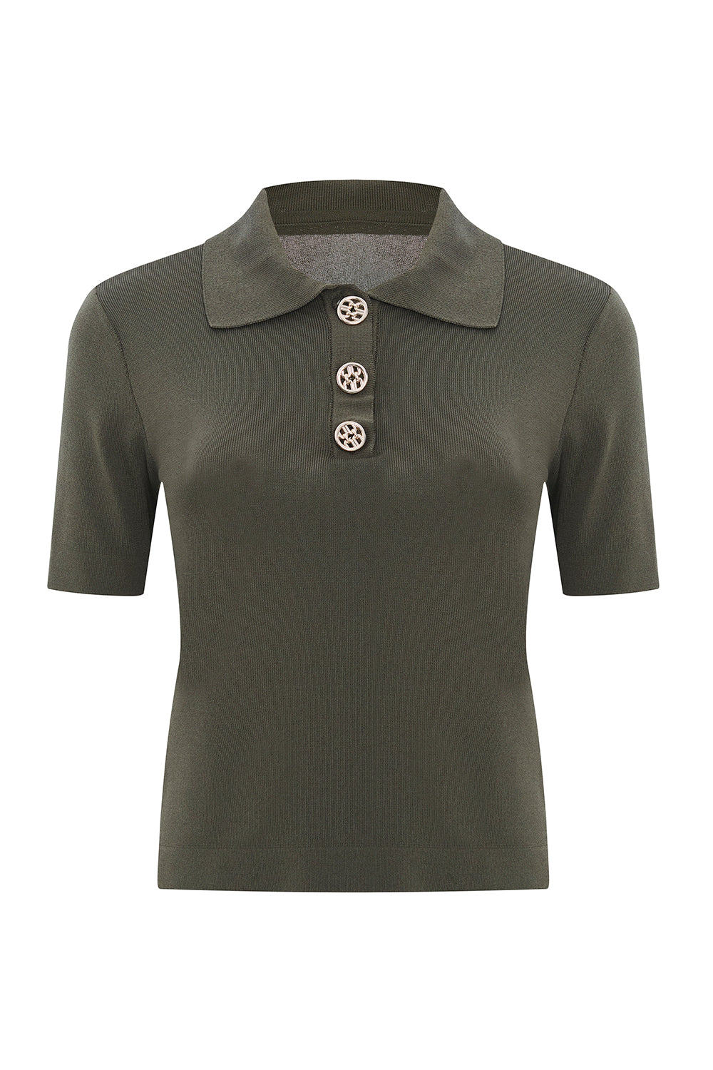 Gömlek Yaka Düğmeli Kısa Kollu Slim Fit Haki Triko Bluz