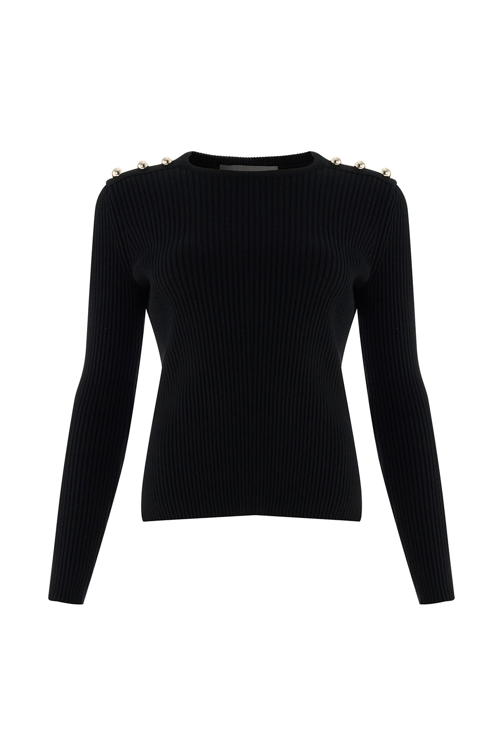 Bisiklet Yaka Uzun Kollu Düğme Detaylı Slim Fit Triko Siyah Bluz