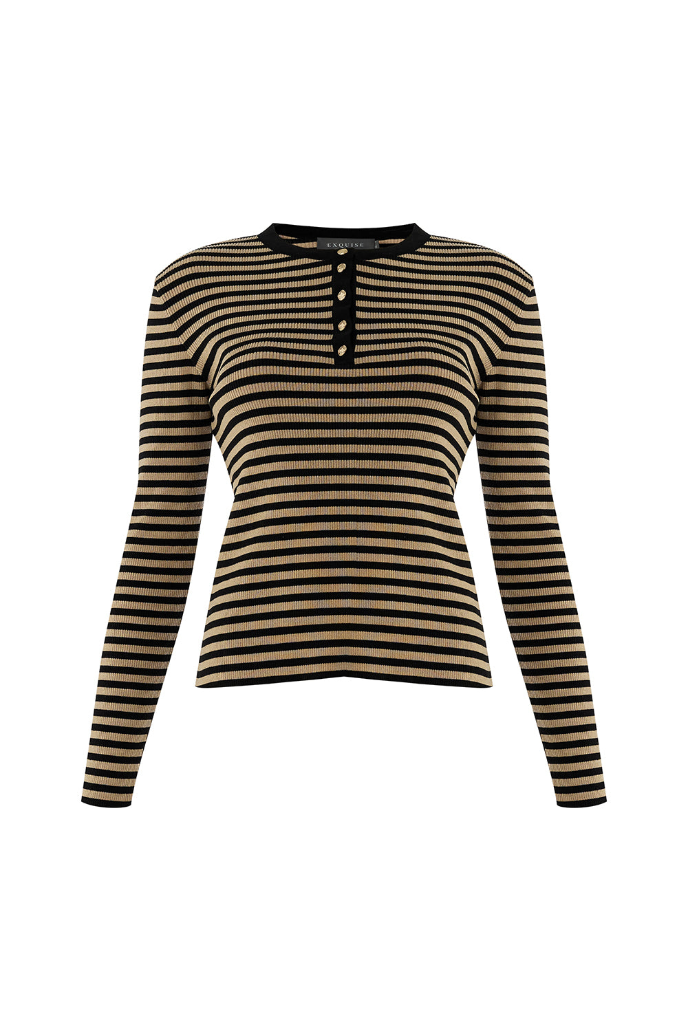 Bisiklet Yaka Çizgili Uzun Kollu Slim Fit Triko Siyah Camel Bluz